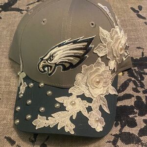 Gray and Black Eagles Cap with Floral Embellishments and pearls